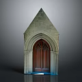 Gothic Style Stone Entrance Structure With Pointed Roof And Arched Wooden Door