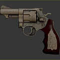 Intricately Carved Revolver Sculpture with Brass Body and Red Wooden Grip