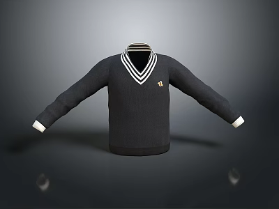 Black sweater with white V neck and white cuffs and chest badge 3d model