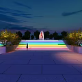 Illuminated Curved Pedestrian Bridge With Colorful Lights In Nighttime Urban Plaza