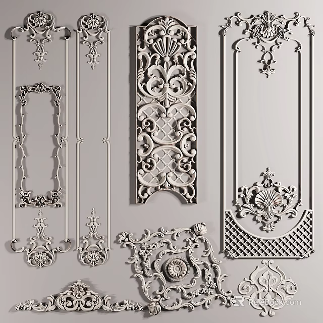 Intricate Ornate Carvings with Floral Patterns on Decorative Panels and Strips for Home Decor 3d model 
