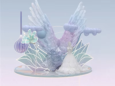 Elegant Floral Installation With Wing Shaped Decor And Soft Colored Blooms 3d model