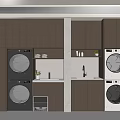 Modern Laundry Room Design With Stacked Black And White Washing Machines And Wooden Cabinetry