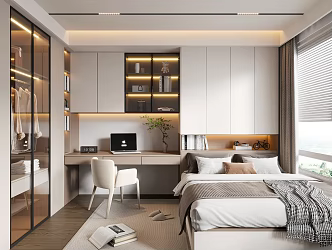 Modern Cream Tatami Bedroom Tatami Bed Wardrobe Book Chair Jewelry Desk 3d model