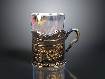 Decorative Glass Cup With Metal Carved Patterns And Curved Handle 3d model