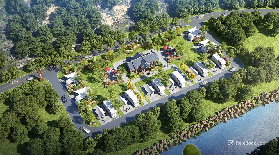 Scenic Landscape Design for RV Campground with Lush Grass Trees and Waterfront View 3d model 