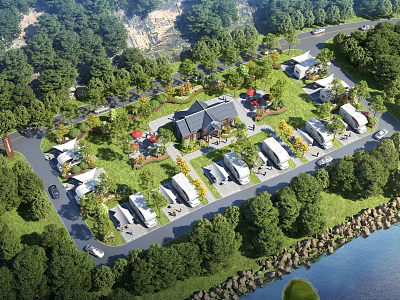Scenic Landscape Design for RV Campground with Lush Grass Trees and Waterfront View 3d model