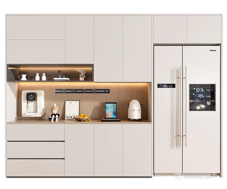 Modern Kitchen Wine Cabinet Design With White Finish And Storage Lighting Features 3d model 