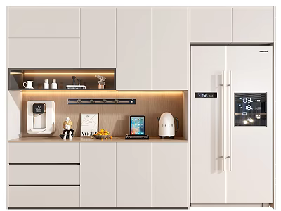 Modern Kitchen Wine Cabinet Design With White Finish And Storage Lighting Features 3d model