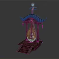 Cartoon Scene of Traditional Chinese Pipa with Architectural Roof and Wooden Base Steps