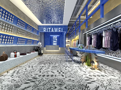 RLTAWEI Clothing Store Interior With Fashion Dresses Coats And Patterned Floor 3d model