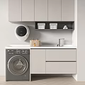 Modern Bathroom Cabinet With Washing Machine White Countertop Sink And Round Mirror