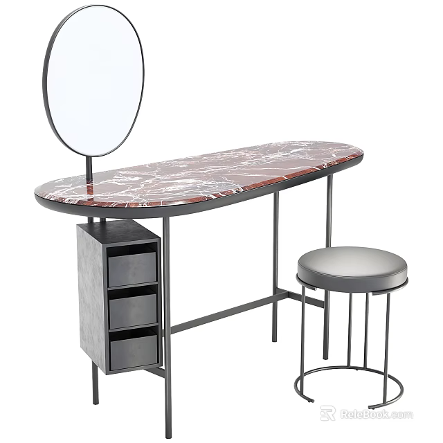 Dressing Table with Oval Marble Top Round Mirror Metal Frame Drawer Cabinet Matching Stool 3d model 