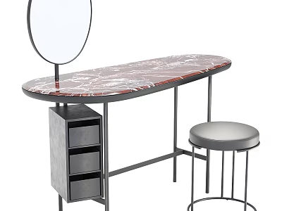 Dressing Table with Oval Marble Top Round Mirror Metal Frame Drawer Cabinet Matching Stool 3d model
