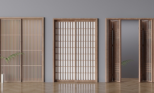 Japanese-style log-style sliding door solid wood partition sliding door folding grille sliding door 3d model