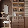Modern Walk-in Closet With Dark Wooden Cabinets Round Backrest Chair White Curtains And Green Plants