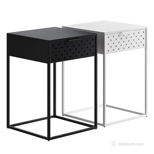Modern Black And White Bedside Tables With Metal Frame And Perforated Drawer Panels 3d model 