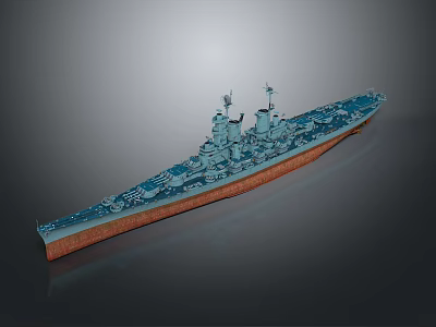 Detailed Warship Model With Blue Hull Brown Bottom Masts And Turrets 3d model