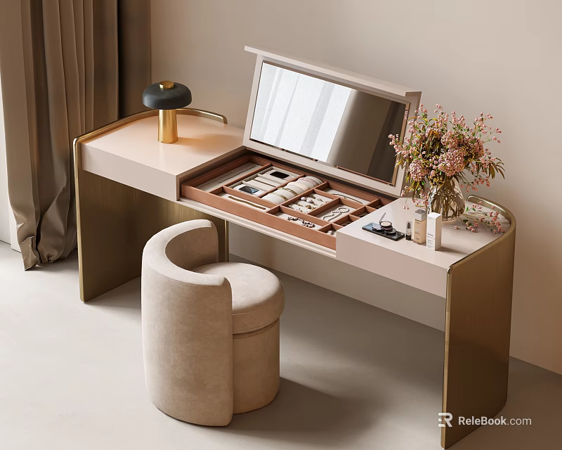 Modern Luxury Dressing Table With Open Mirror Brass Accents Cosmetics And Beige Stool 3d model 