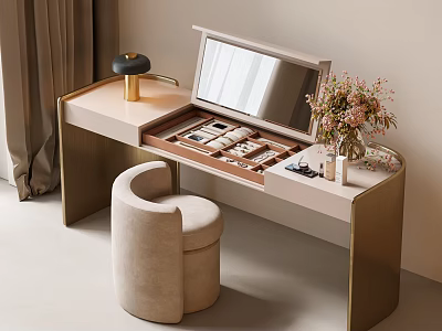 Modern Luxury Dressing Table With Open Mirror Brass Accents Cosmetics And Beige Stool 3d model