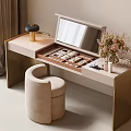 Modern Luxury Dressing Table With Open Mirror Brass Accents Cosmetics And Beige Stool