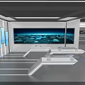 Modern Spacious Corridor With Gray Walls Long Ceiling Lights Blue Screens And Glass Railings
