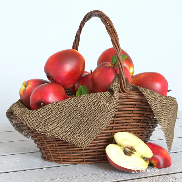 Fresh Red Apples in Wicker Basket with Burlap Cloth on Wooden Surface and Sliced Apple 3d model 
