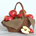 Fresh Red Apples in Wicker Basket with Burlap Cloth on Wooden Surface and Sliced Apple