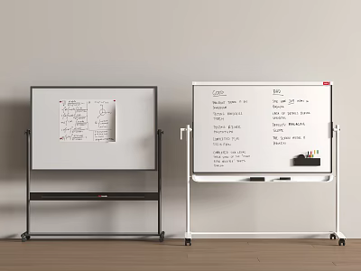 Two Whiteboards With Handwritten Notes Charts And Markers On Trays And Stands 3d model