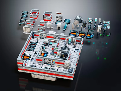 Cartoon Scene Of Futuristic Tech Base With Lego Inspired Red White Design And Glowing Elements 3d model