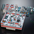 Cartoon Scene Of Futuristic Tech Base With Lego Inspired Red White Design And Glowing Elements