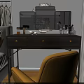Modern Wooden Vanity With Golden Handles Mirror And Yellow Armchair In Bright Interior