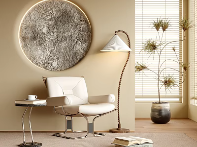 White Lounge Chair with Round Moon Decor Floor Lamp Side Table and Potted Plant 3d model