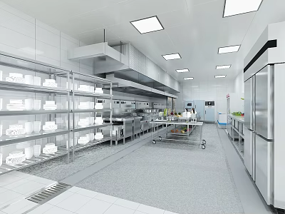 Professional Commercial Kitchen Interior With Stainless Steel Shelves Worktables And Ventilation Systems 3d model