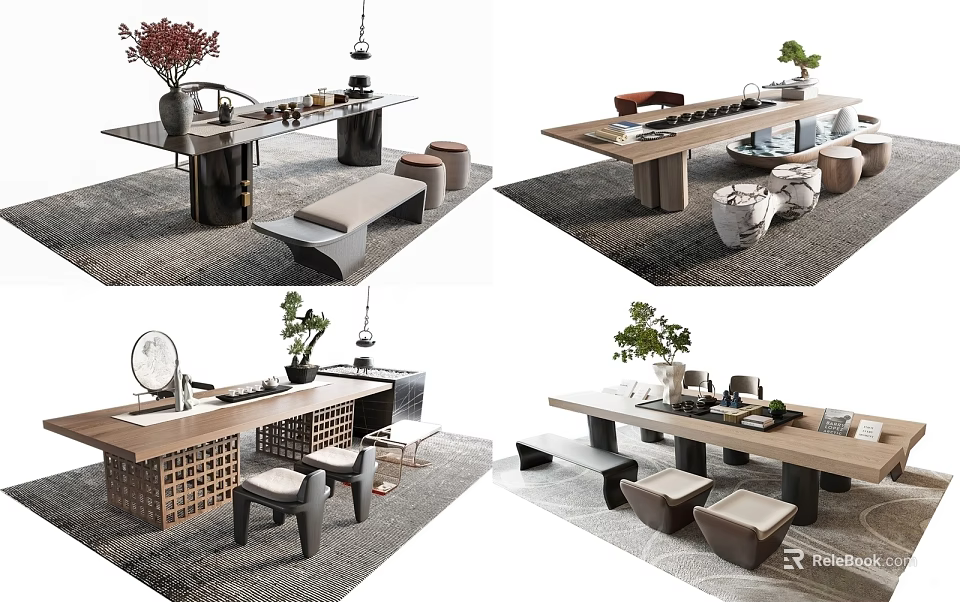 Elegant Modern Tea Table And Chairs With Green Plants Tea Sets And Lighting 3d model