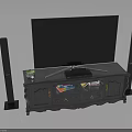 Gray Vintage TV Stand with TV Black Speakers Small Plant Pot and Cabinets