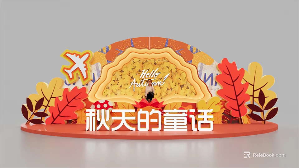 Autumn Fairy Tale Decorative Scene With Maple Leaves Airplane And Hello Autumn Elements 3d model 