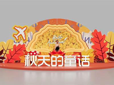Autumn Fairy Tale Decorative Scene With Maple Leaves Airplane And Hello Autumn Elements 3d model