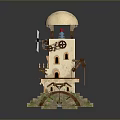 Scenic Stone Tower Landscape With Dome Windows Gears Stairs And Waterwheel Structure