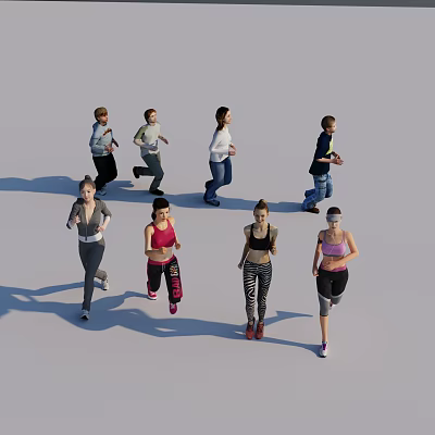 Group of People Running in Sportswear With Different Active Poses 3d model