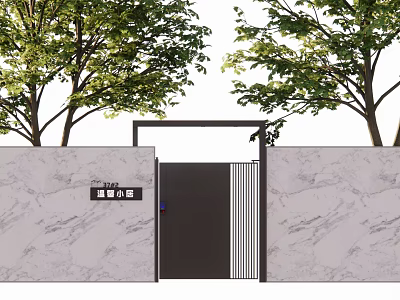 Modern Entrance Gate With Marble Walls Trees On Both Sides And Smart Mansion Sign 3d model