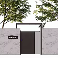 Modern Entrance Gate With Marble Walls Trees On Both Sides And Smart Mansion Sign