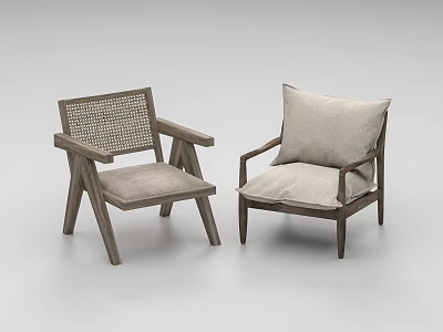 Two Modern Leisure Chairs With Woven And Upholstered Backrests Wooden Frame And Padded Seats 3d model