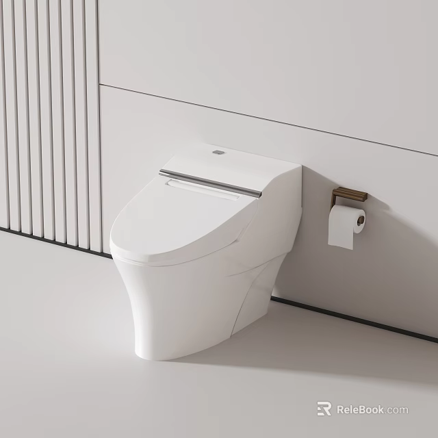 Modern White Toilet in Bathroom Interior With Sleek Design And Wall Mounted Paper Holder 3d model 