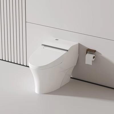 Modern White Toilet in Bathroom Interior With Sleek Design And Wall Mounted Paper Holder 3d model
