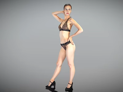 Stylish Woman Posing in Leopard Print Bikini and Black High Heels Against Gray Background 3d model