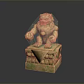 Traditional Stone Lion Statue With Intricate Carvings On Green Patina Pedestal Base