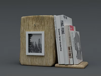 Wooden Book Stand With Stacked Books And Black White Photo Frame 3d model