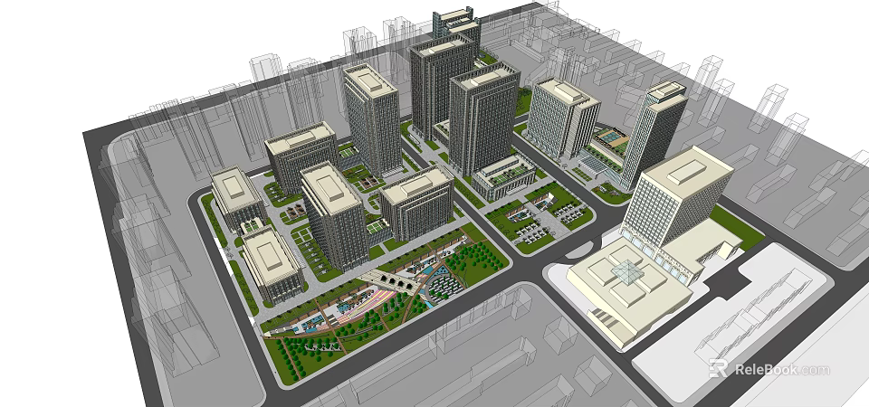 Modern Urban Office Building Complex With Green Spaces And High Rise Structures 3d model