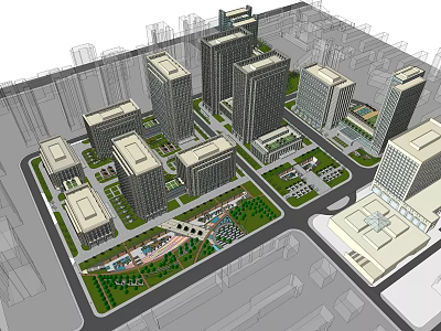 Modern Urban Office Building Complex With Green Spaces And High Rise Structures 3d model